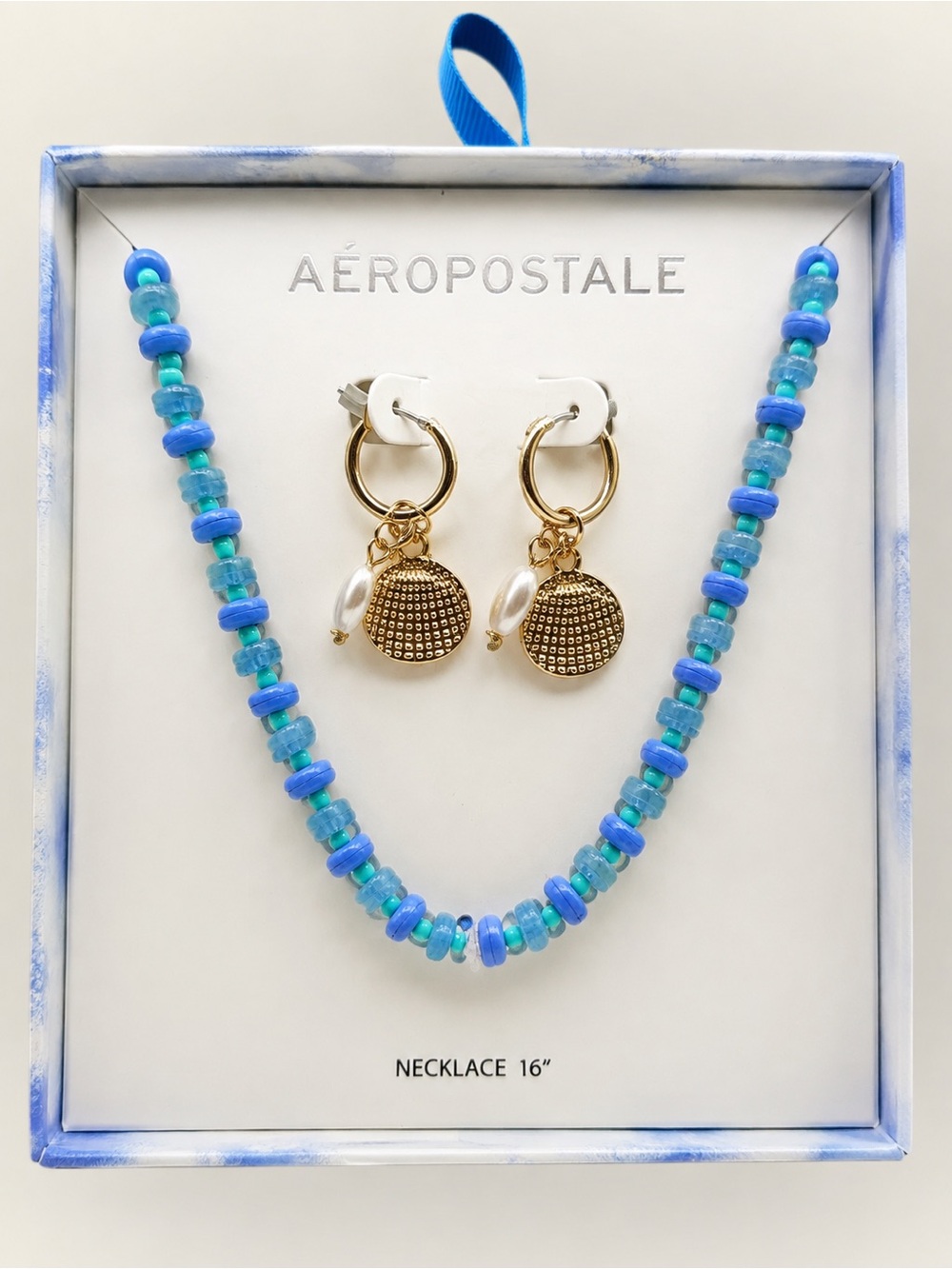 Aeropostale Blue Beaded 16” Necklace & Goldtone Charm Hoop Earrings Set